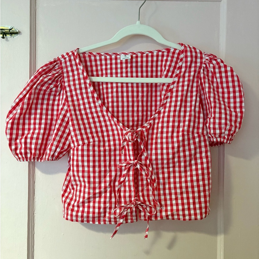 Red Gingham Puff Sleeve Top